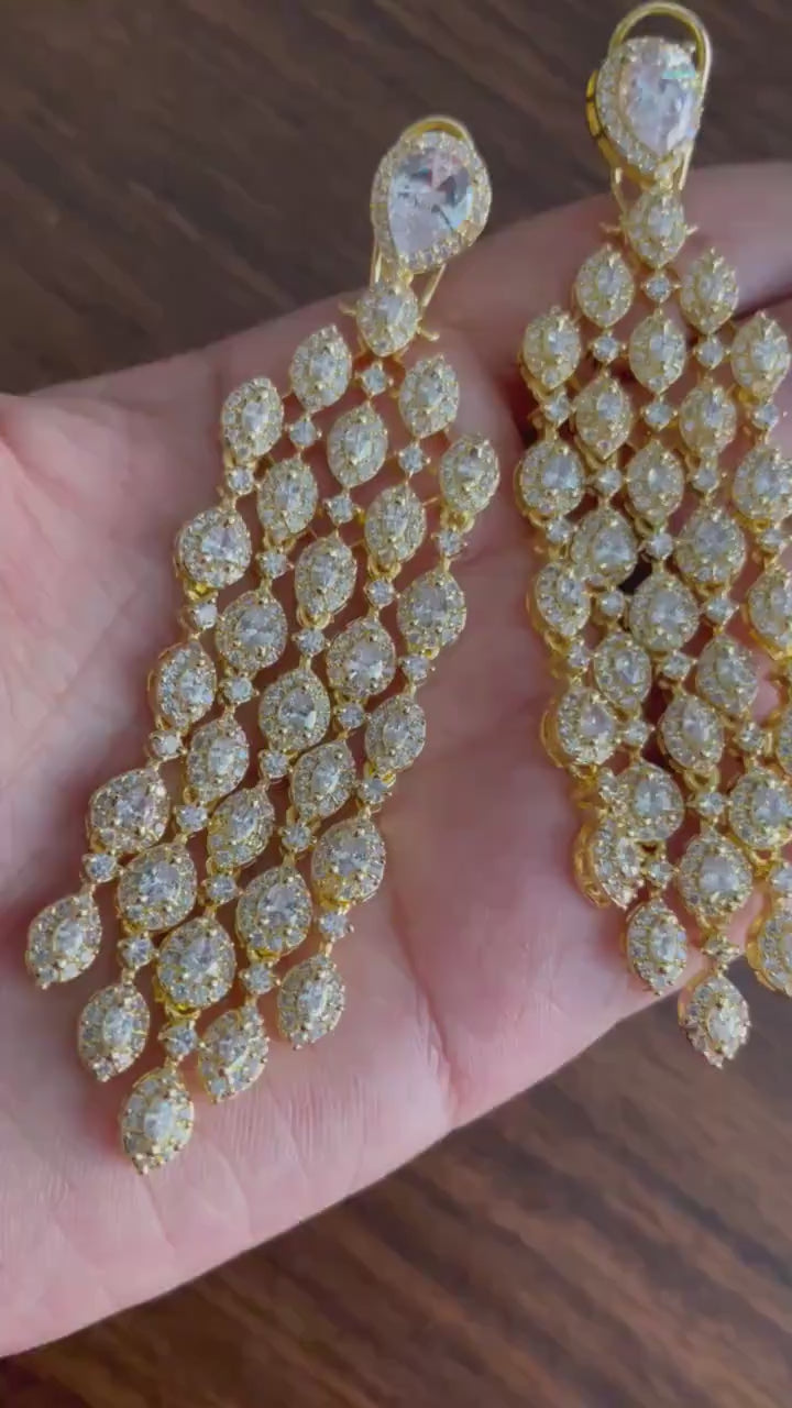 Waterfall Earrings Gold CZ Earrings Statement Jewelry Indian Earrings Pakistani Earrings Bollywood Jewelry American Diamond