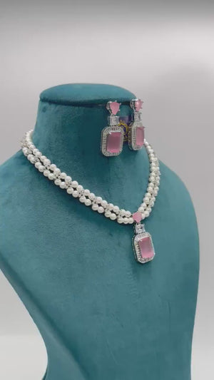 Pearl Diamond Necklace  Statement Jewelry American Diamond Statement Necklace Indian Jewelry Pink CZ Necklace Indian Necklace