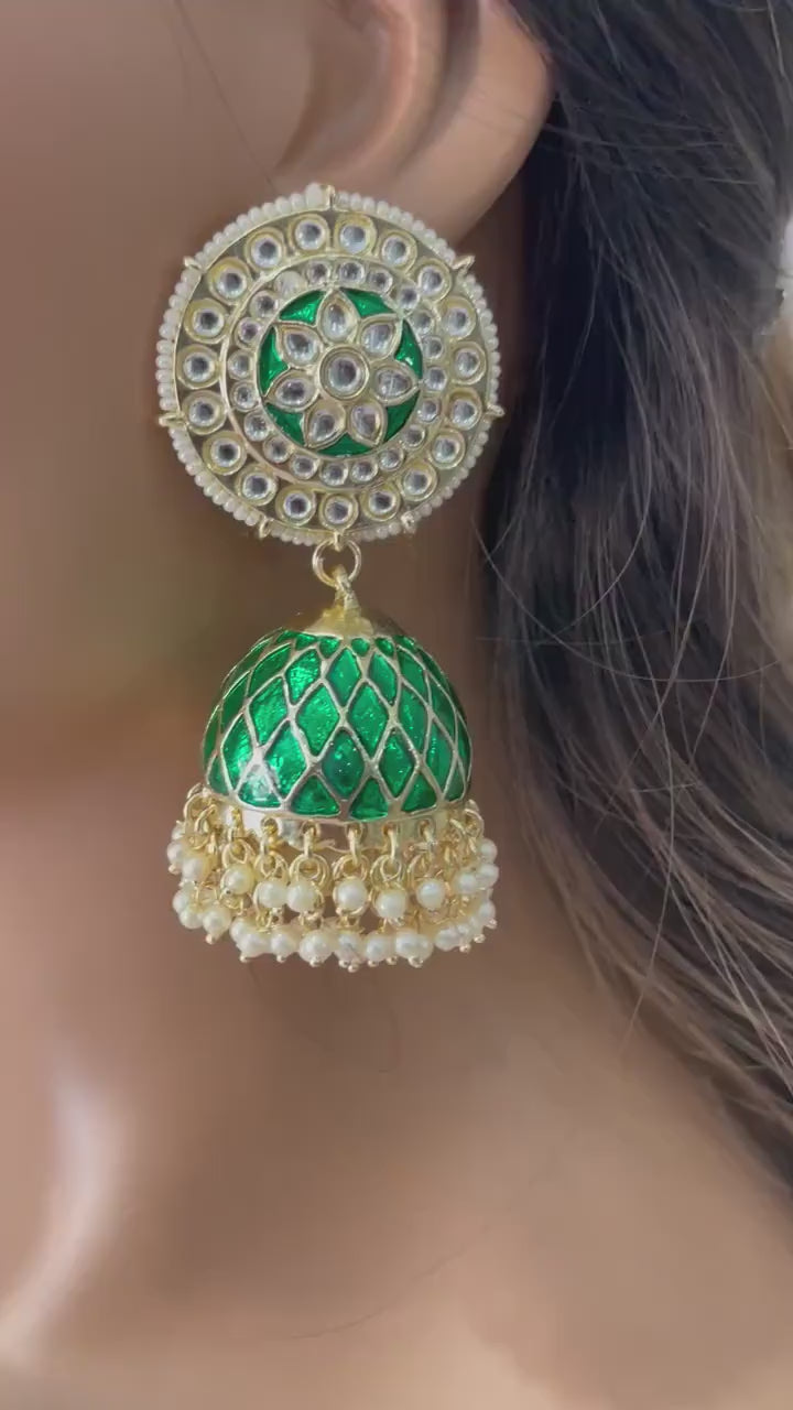 Big Green Jhumkas / Indian Jewelry/ Punjabi Jewelry/ Bollywood Jewelry / Jhumkas /Pakistani Jewelry