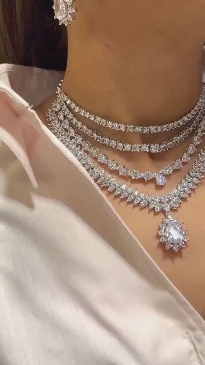 Multilayer Diamond CZ Necklace Statement Jewelry Statement Necklace American Diamond Necklace Indian Jewelry Necklace Set