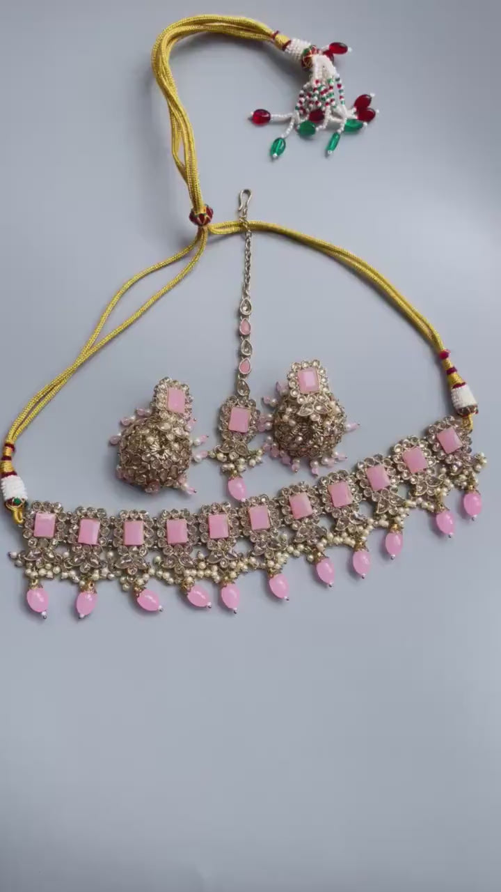 Myra Pink Polki Choker Indian Jewelry Punjabi Choker Pakistani jewelry Indian necklace Punjabi Choker Kundan Set