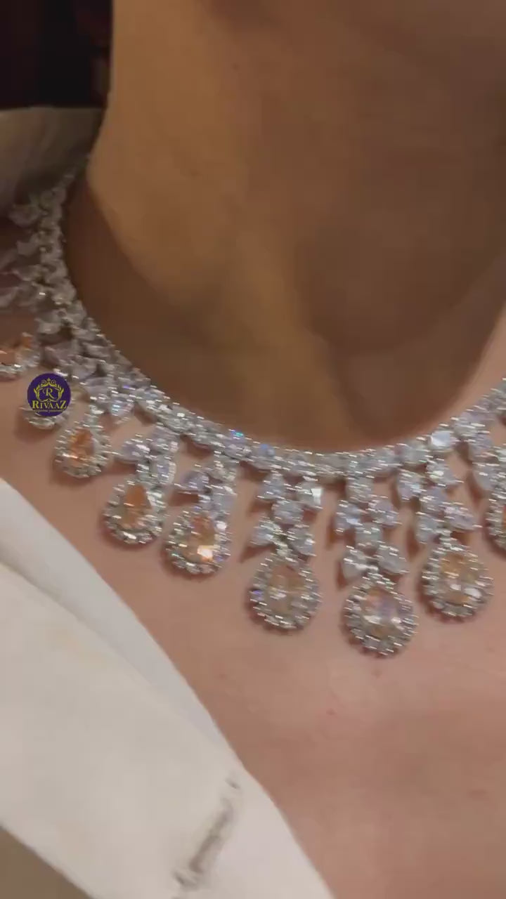Sold Out May Gold CZ Diamond Necklace White Rhodium American Diamond Necklace Pakistani Jewelry Statement Necklace Cubic Zirconia Necklace