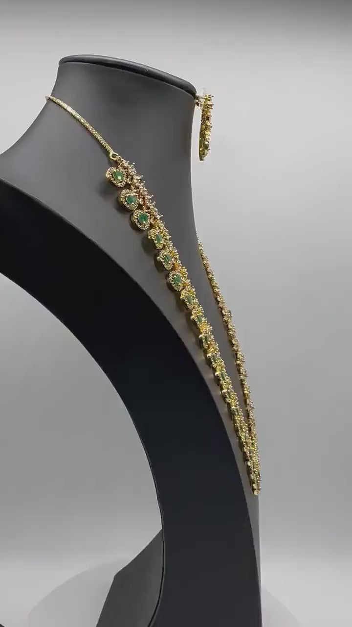 April Gold Emerald CZ long Necklace with Earrings / Long Indian Necklace/ Indian Jewelry/ Green Long Necklace/ Pakistani Jewelry