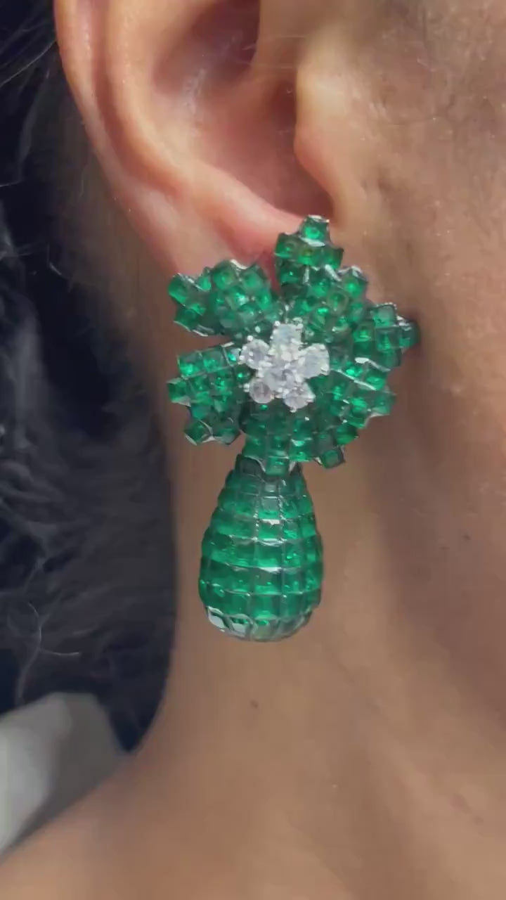 Emerald Invisible Setting Diamond Earrings/ Statement Indian Earring  Indian Jewelry/ Pakistani Jewelry Unique Earrings American Diamond