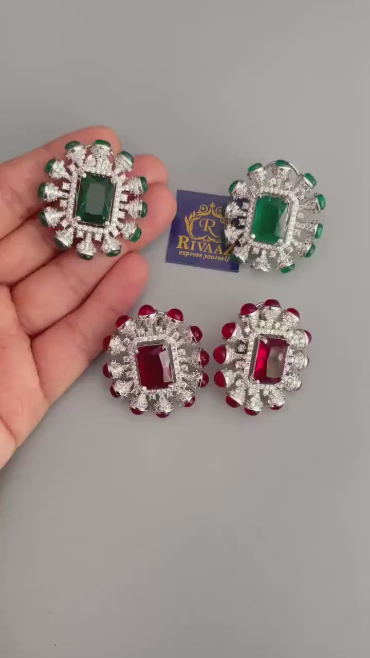 Kiara CZ Emerald Studs Indian Stud Statement Earrings  Pakistani Earrings Cubic Zirconia EarringsIndian jewelryIndian earrings