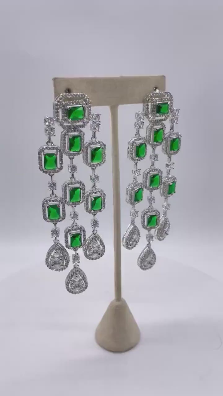 Emerald CZ Diamond Long Earrings American Diamond Earrings Crystal Earrings Statement Jewelry Bollywood Earrings Indian Jewelry Cubic Zircon