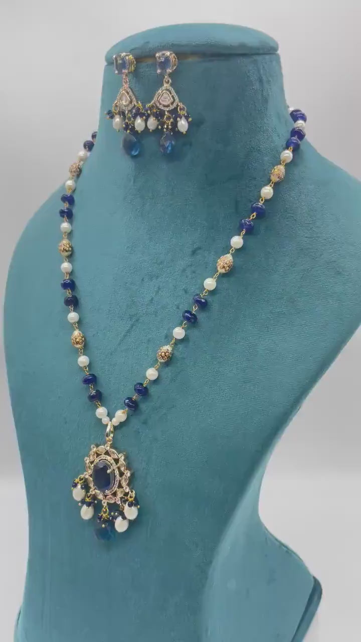 Priya Blue Long Kundan Necklace Indian Long Necklace Sari Necklace Indian Jewelry Pakistani Jewelry Long Polki Necklace Indian Necklace Set