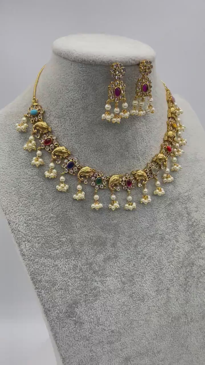 Navratan Gold Necklace Elephant motifs and Pearls Indian Jewelry Indian Necklace Set Kundan Necklace Kundan Jewelry