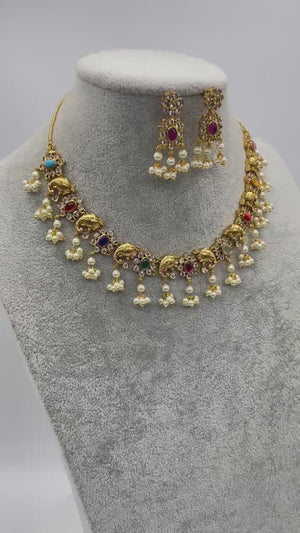 Navratan Gold Necklace Elephant motifs and Pearls Indian Jewelry Indian Necklace Set Kundan Necklace Kundan Jewelry