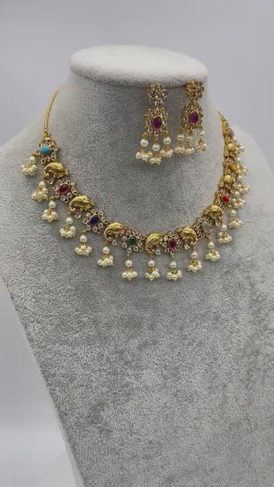 Navratan Gold Necklace Elephant motifs and Pearls Indian Jewelry Indian Necklace Set Kundan Necklace Kundan Jewelry