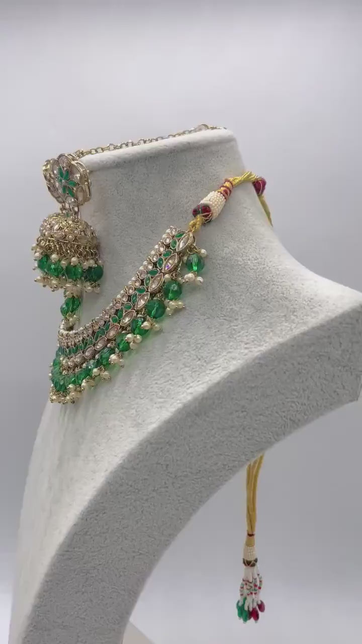 Green Gold Polki Choker with chaandbali and tikka /Antique Gold Choker/Indian Choker Necklace/ Pakistani jewelry/ Indian jewelry