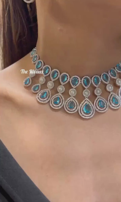 Kysha Aqua Light Blue CZ Pearl Choker with Earrings and Tikka Indian Bridal Indian Set American Diamond Necklace Set Crystal Necklace