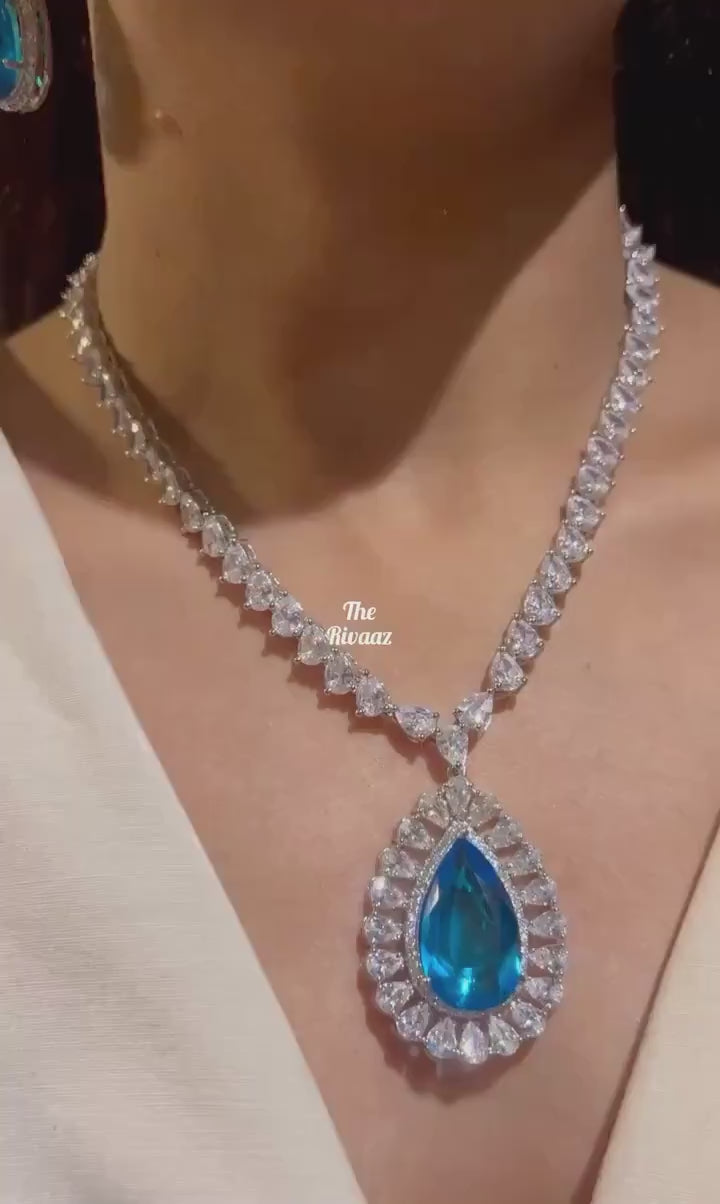 Arina Light Blue CZ Necklace Pendant Necklace Cubic Zirconia American Diamond Necklace Set Indian jewelry Set Long Indian Necklace White