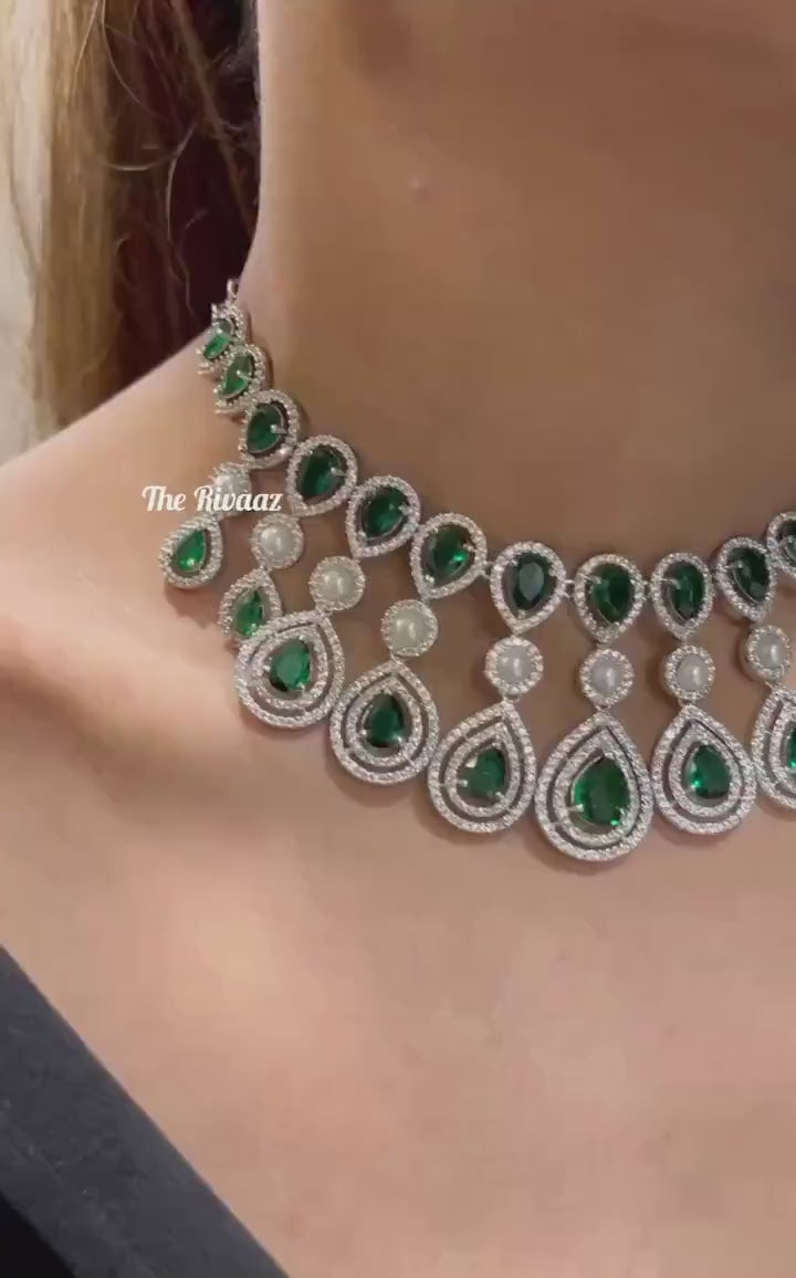 Kysha Emerald Diamond CZ Necklace Set American Diamond Necklace Set Rivaaz Jewelry Indian Choker Indian Jewelry Choker Necklace India Green