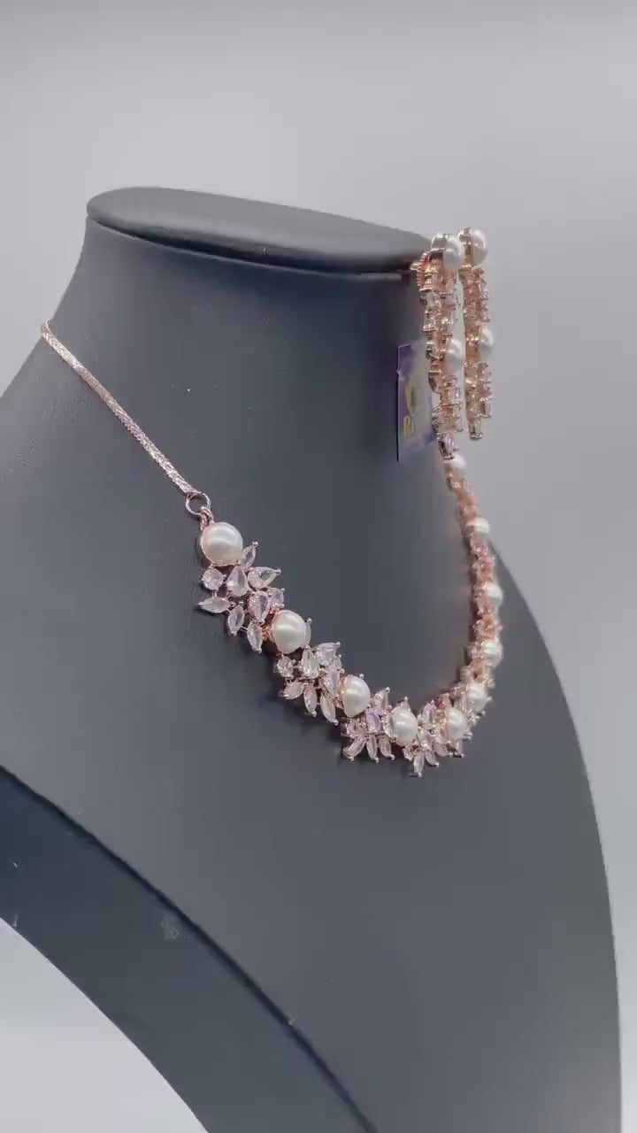 Rose Gold Pearl CZ Diamond Necklace with earrings / Indian jewelry/ CZ Choker/ Indian Necklace / Pakistani jewelry/ Bollywood jewelry