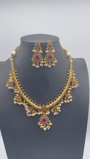 Delicate Ruby- Green Guttapusalu/ South Indian Jewelry/ Gold Necklace/ Indian long Necklace/ Indian Jewelry