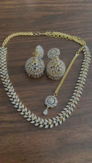 April Gold Diamond Necklace with Jhumka and Tikka Gold CZ Necklace American Diamond Necklace Gold Indian Necklace Gold