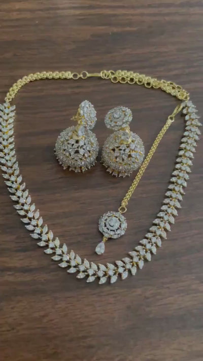 April Gold Diamond Necklace with Jhumka and Tikka Gold CZ Necklace American Diamond Necklace Gold Indian Necklace Gold