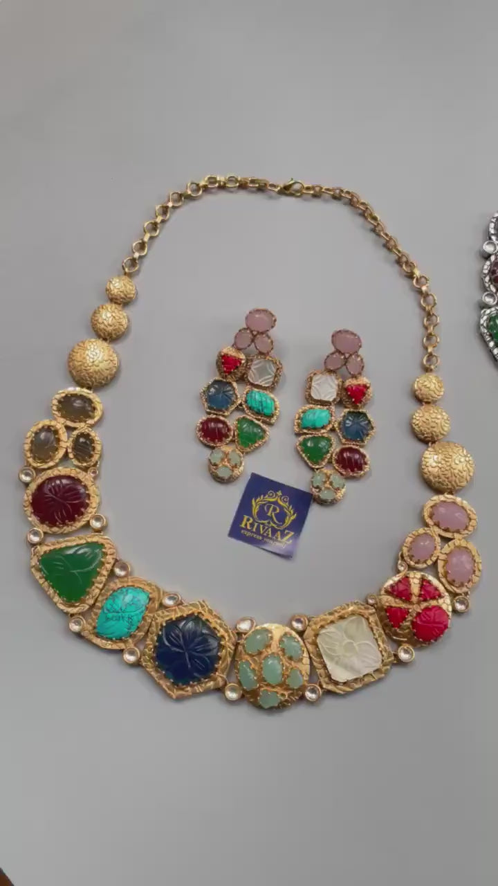 Navratan Kundan Necklace   Indian Jewelry  Indian Necklace Bollywood Jewelry Punjabi Jewelry South Jewelry One Gram Gold Necklace