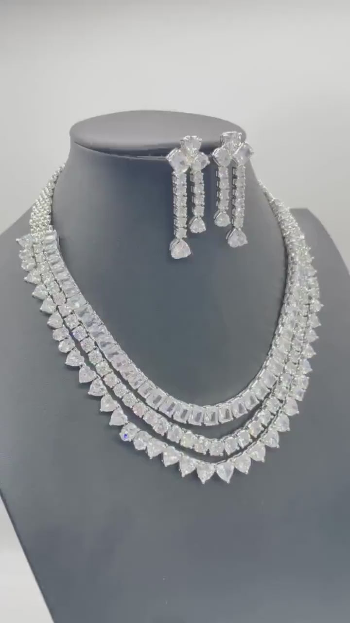 Premium Three Layer CZ Necklace Statement Necklace Diamond Necklace American Diamond Set Indian Jewelry Statement Bridal Necklace Wedding
