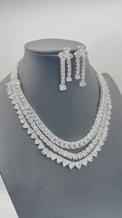 Premium Three Layer CZ Necklace Statement Necklace Diamond Necklace American Diamond Set Indian Jewelry Statement Bridal Necklace Wedding
