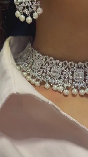 Pre Order Pari Pearl Diamond Choker CZ Choker American Diamond Necklace Set Choker Necklace Indian Cubic Zirconia Necklace Pakistani Jewelry