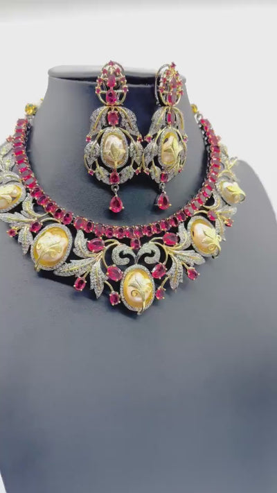 Sold Out Baroque Pearl Ruby CZ Victorian Necklace • CZ Necklace Set • American Diamond Necklace • Indian Jewelry • Pakistani Jewelry