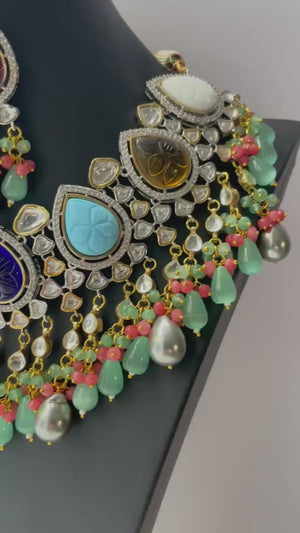Navratan Kundan Necklace/ Indian Jewelry/ Pacchi Kundan Necklace/  Necklace/ Bollywood Jewelry/ Indian Necklace/Indian Wedding