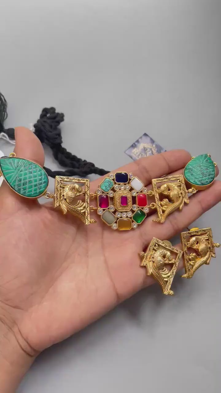 Navratan Turquoise Kundan Choker With Earrings In Matte Gold •  Indian Jewelry •  Indian Choker Necklace • Indian Necklace Set •