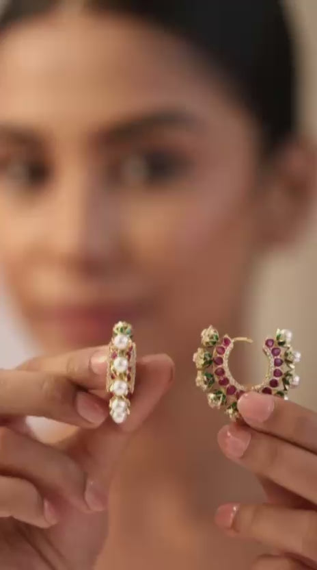 Kundan hoop earrings featuring red stones, CZ sparkle, and pearl drops.