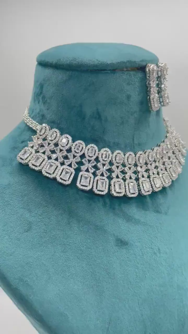 White Diamond Choker Necklace CZ Necklace Indian Necklace Indian jewelry American Diamond Set Statement Jewelry Crystal Necklace