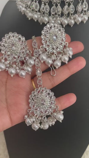 Zia Silver Polki Necklace Set with Jhumke and Tikka / Silver Choker/ Pakistani jewelry/ Indian jewelry/ Indian necklace/ Pakistani Choker