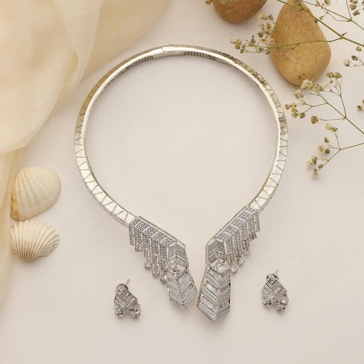 Prisma Geometric CZ Necklace Set – Modern Collar with Earrings