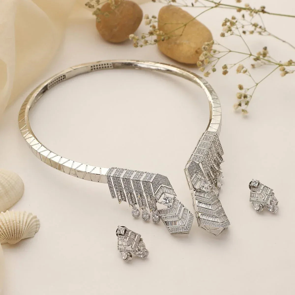Prisma Geometric CZ Necklace Set – Modern Collar with Earrings