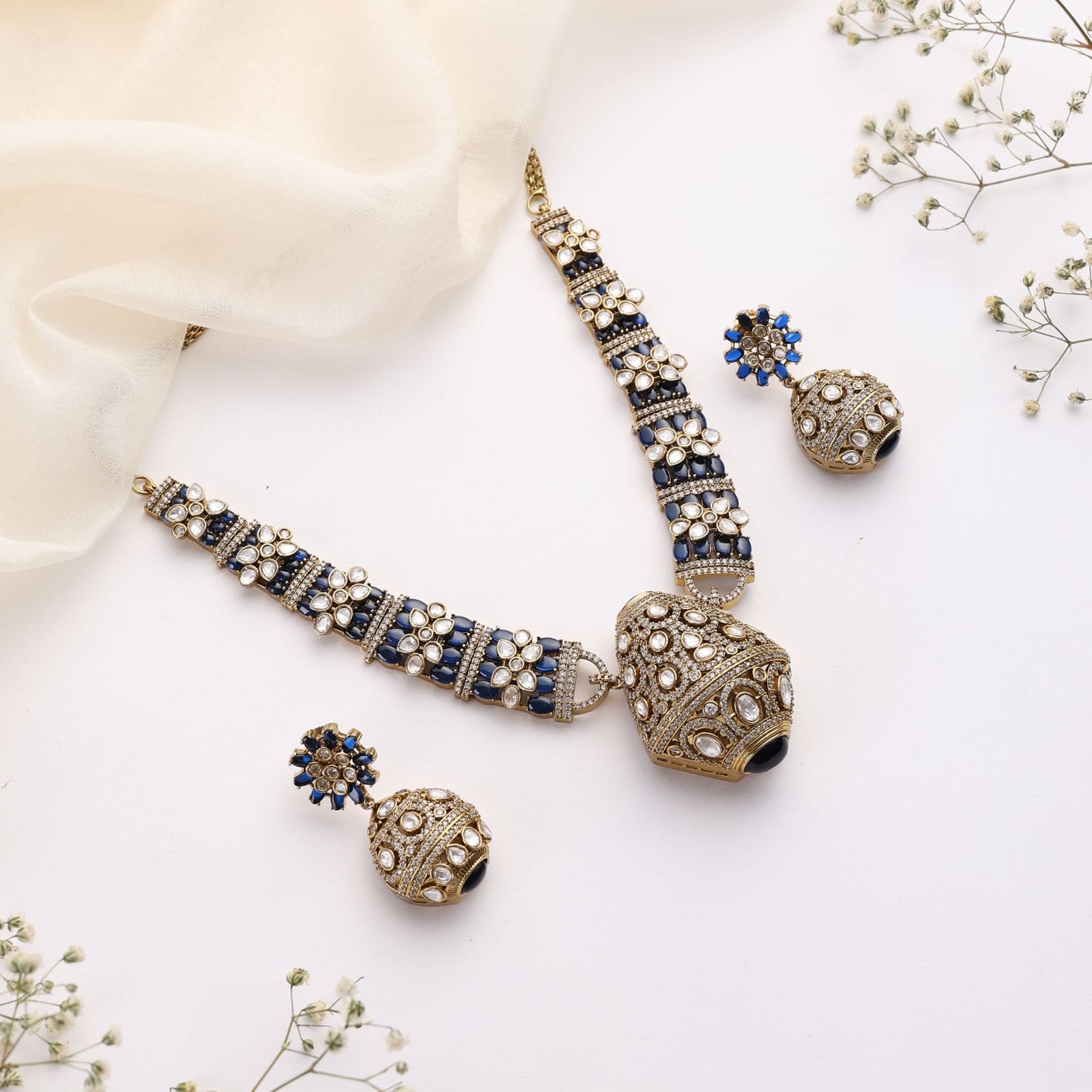 Rajvansh Blue Polki Necklace with Jhumka Earrings (Antique Gold Finish)