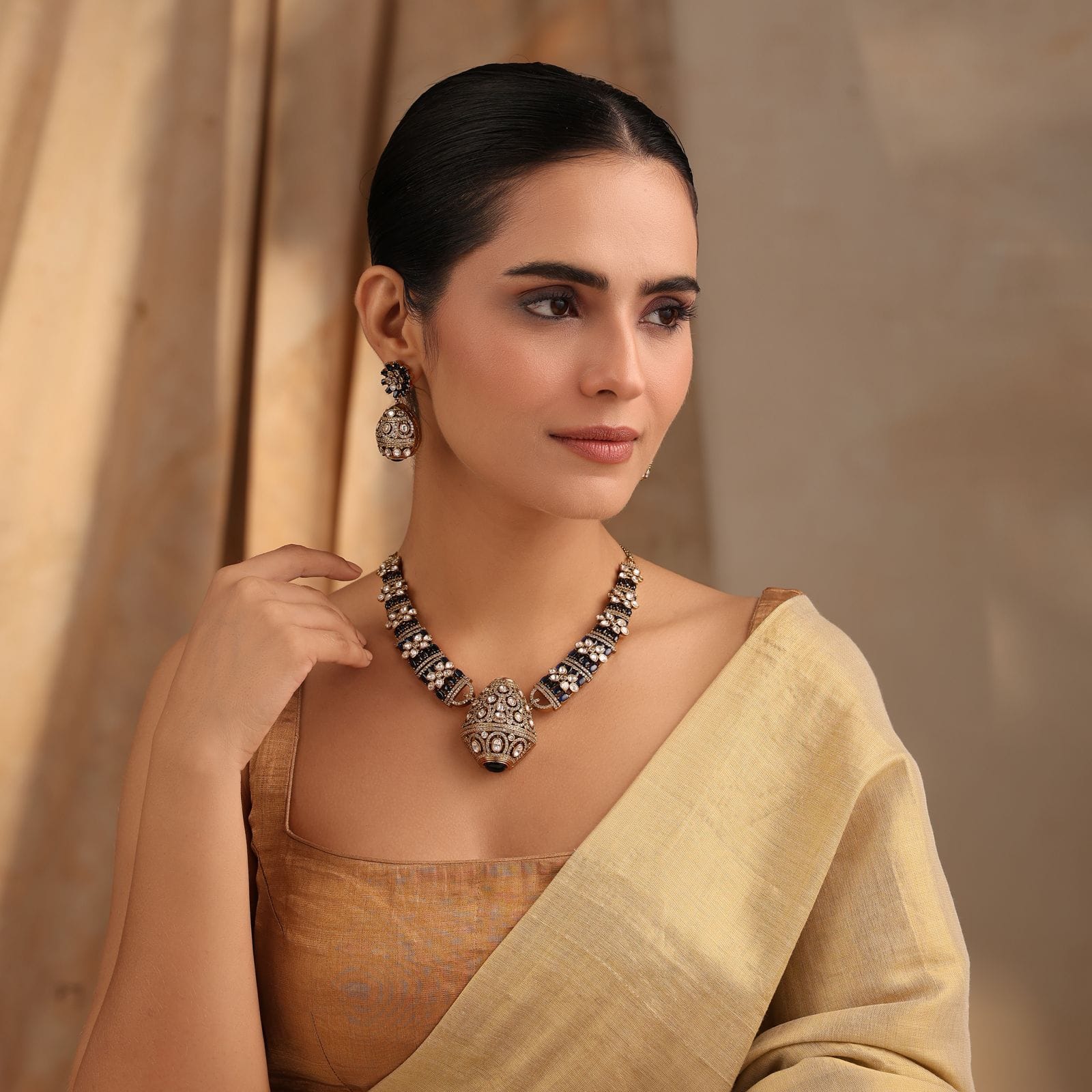 Rajvansh Blue Polki Necklace with Jhumka Earrings (Antique Gold Finish)