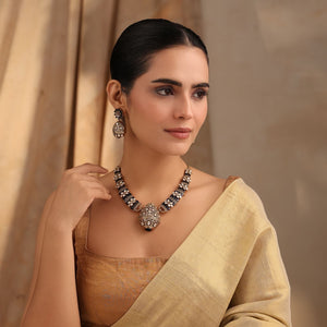 Rajvansh Blue Polki Necklace with Jhumka Earrings (Antique Gold Finish)