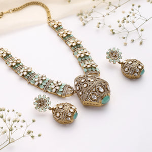 Rajvansh Mint Polki Necklace with Jhumka Earrings (Antique Gold Finish)