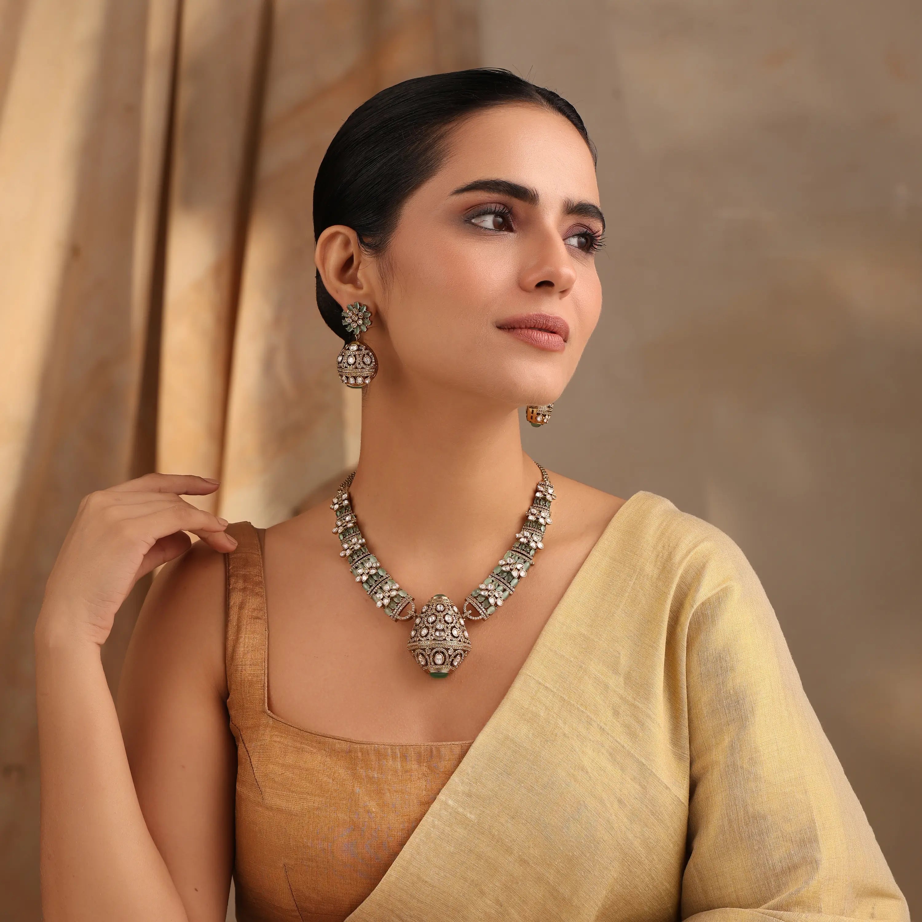 Rajvansh Mint Polki Necklace with Jhumka Earrings (Antique Gold Finish)