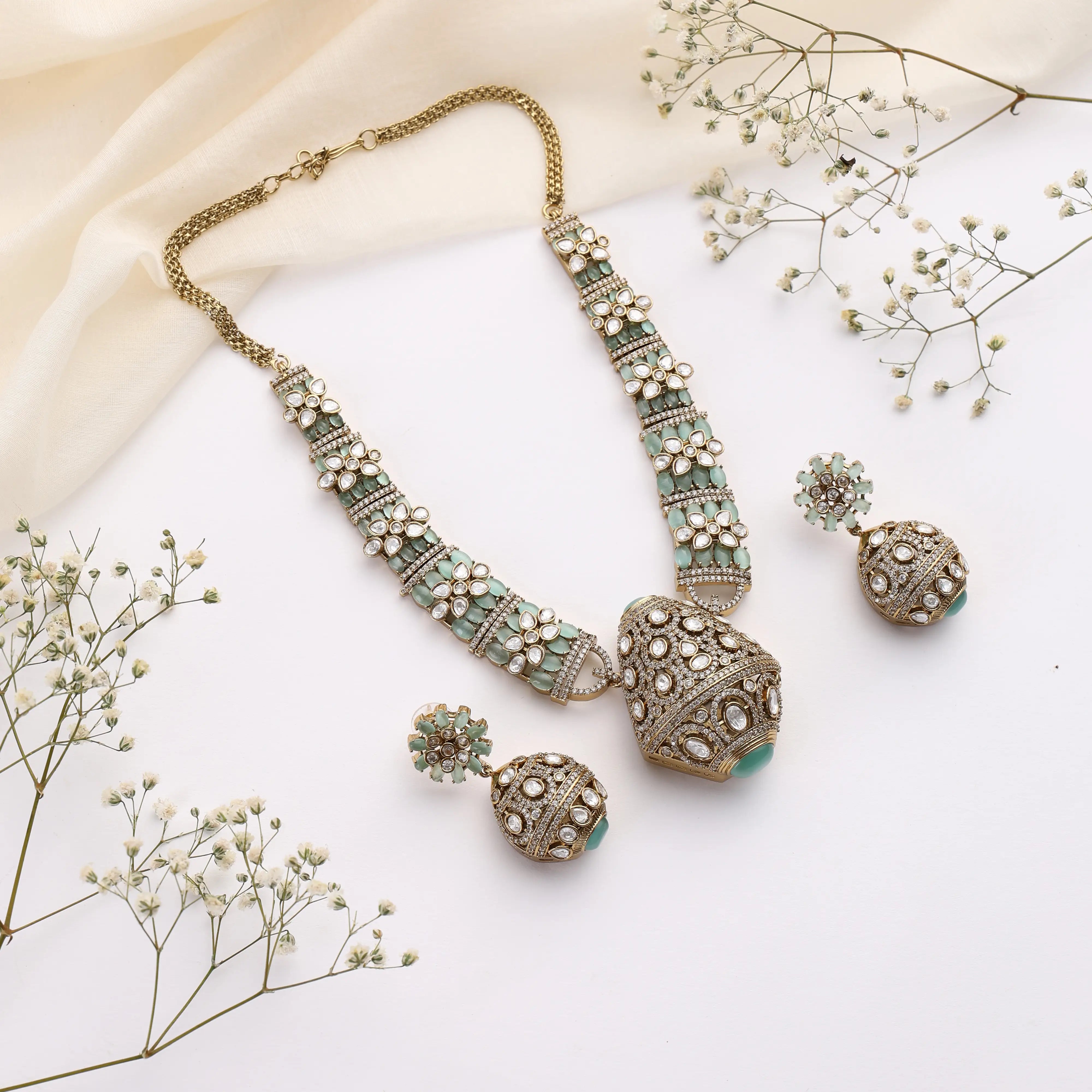 Rajvansh Mint Polki Necklace with Jhumka Earrings (Antique Gold Finish)