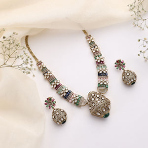 Rajvansh Navratan Multi Polki Necklace with Jhumka Earrings (Antique Gold Finish)