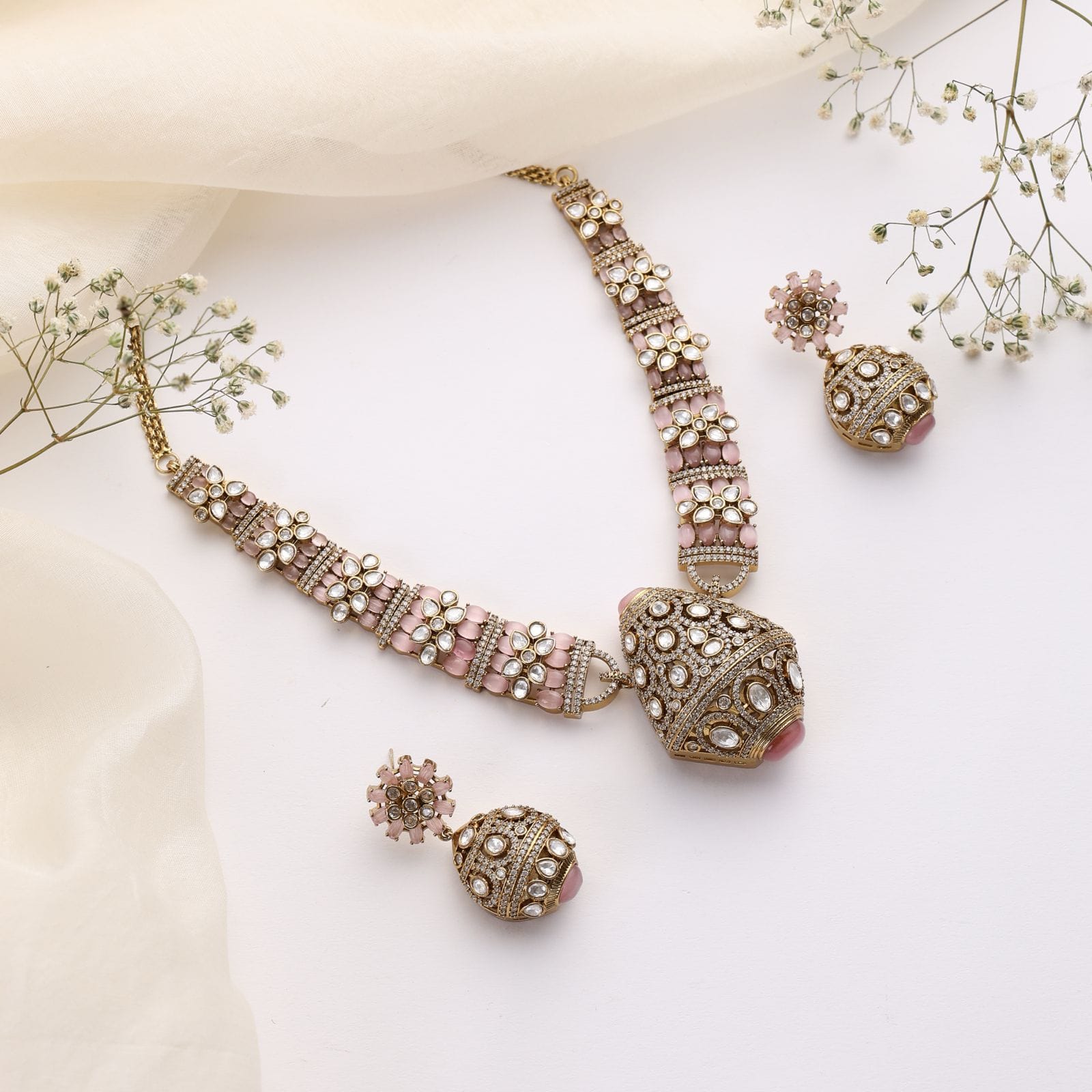 Rajvansh Pink Polki Necklace with Jhumka Earrings – Antique Gold Plating