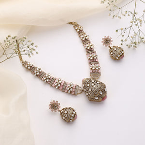 Rajvansh Pink Polki Necklace with Jhumka Earrings – Antique Gold Plating