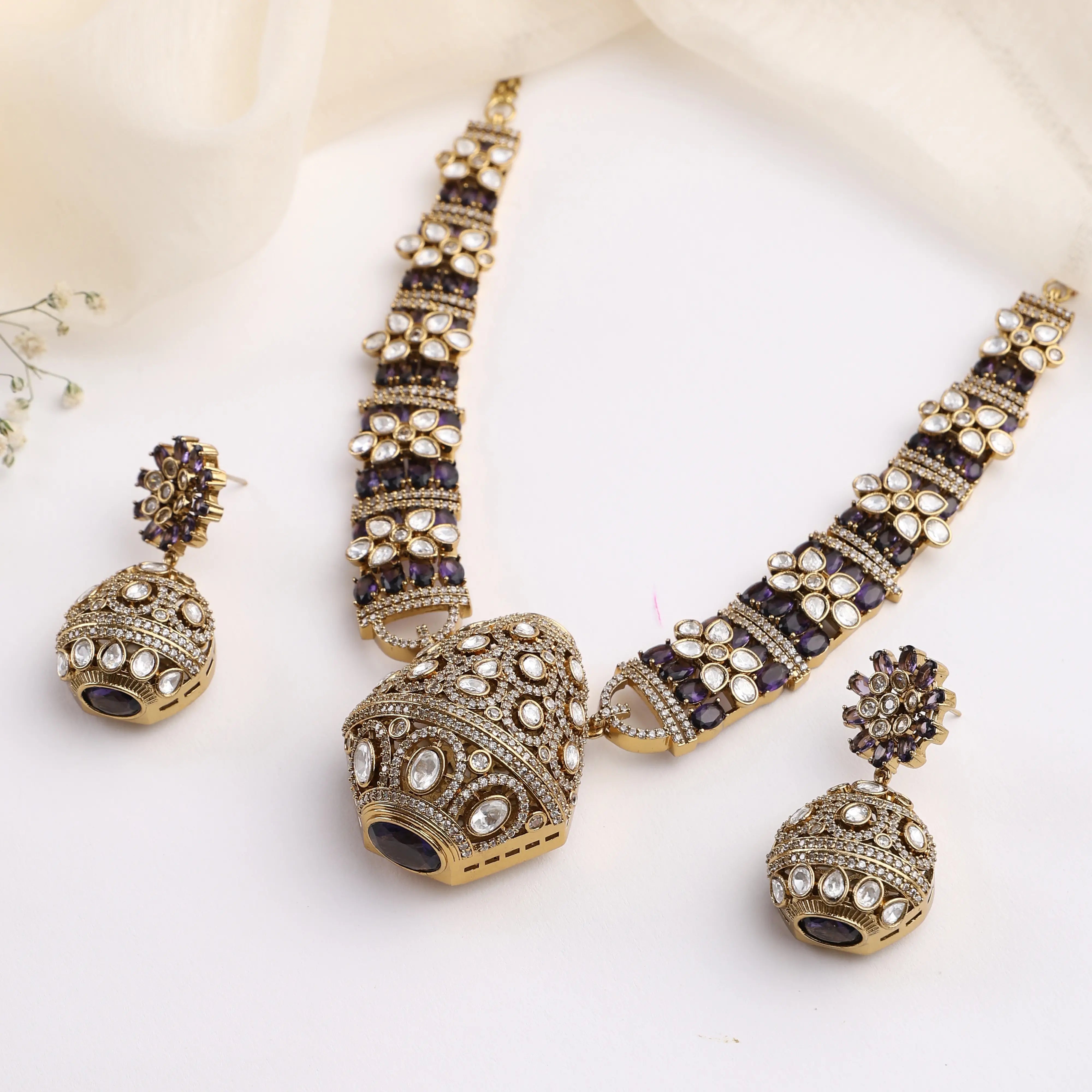 Rajvansh Purple Polki Necklace with Jhumka Earrings (Antique Gold Finish)