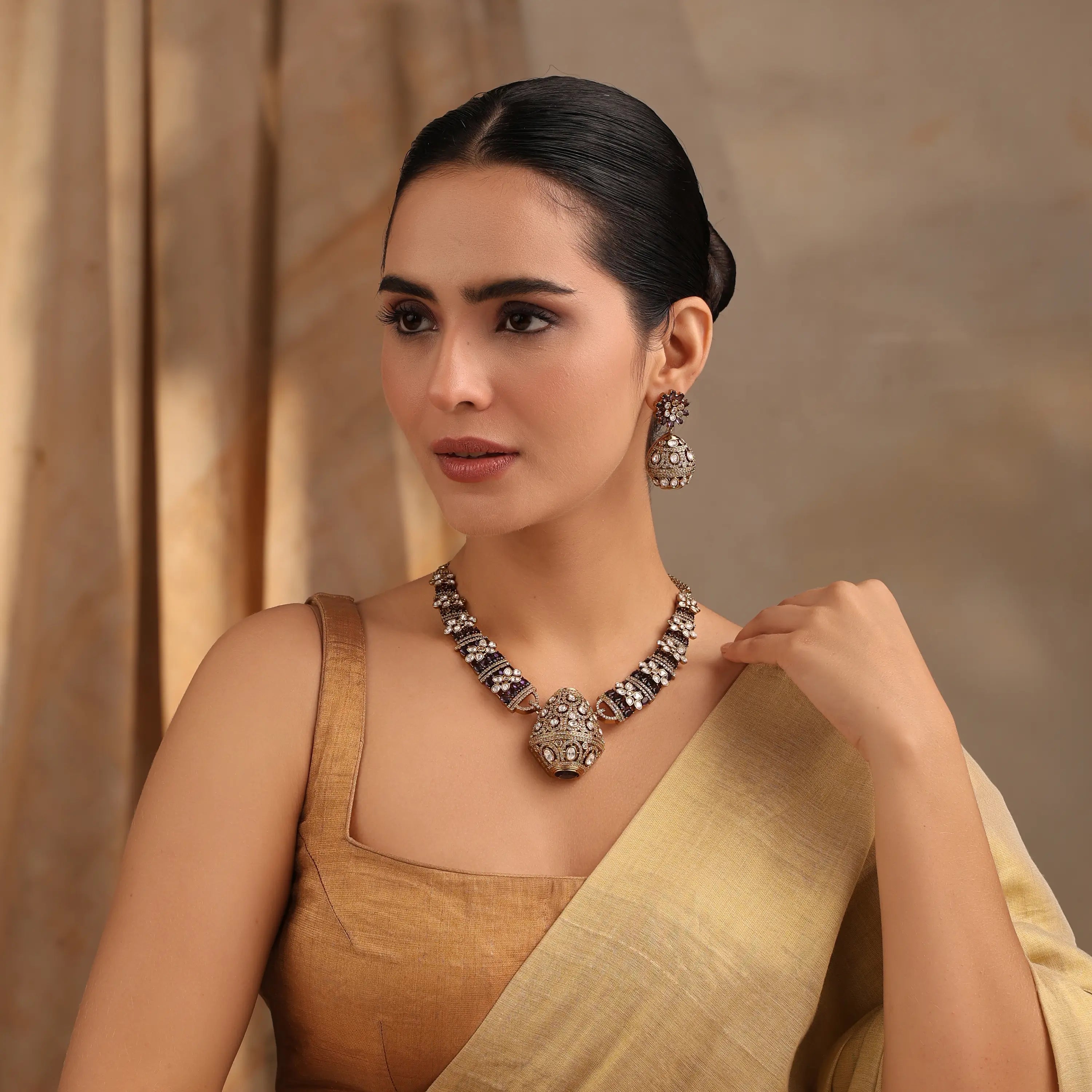 Rajvansh Purple Polki Necklace with Jhumka Earrings (Antique Gold Finish)