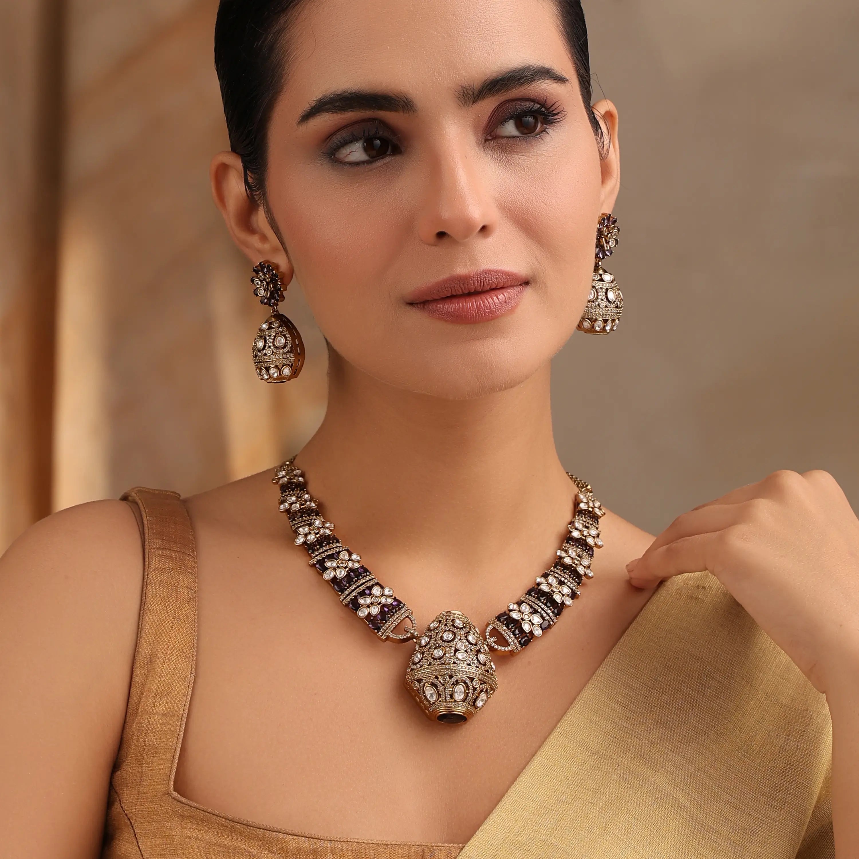 Rajvansh Purple Polki Necklace with Jhumka Earrings (Antique Gold Finish)