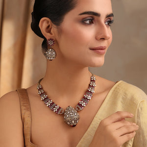 Rajvansh Ruby Polki Necklace with Jhumka Earrings (Antique Gold Finish)