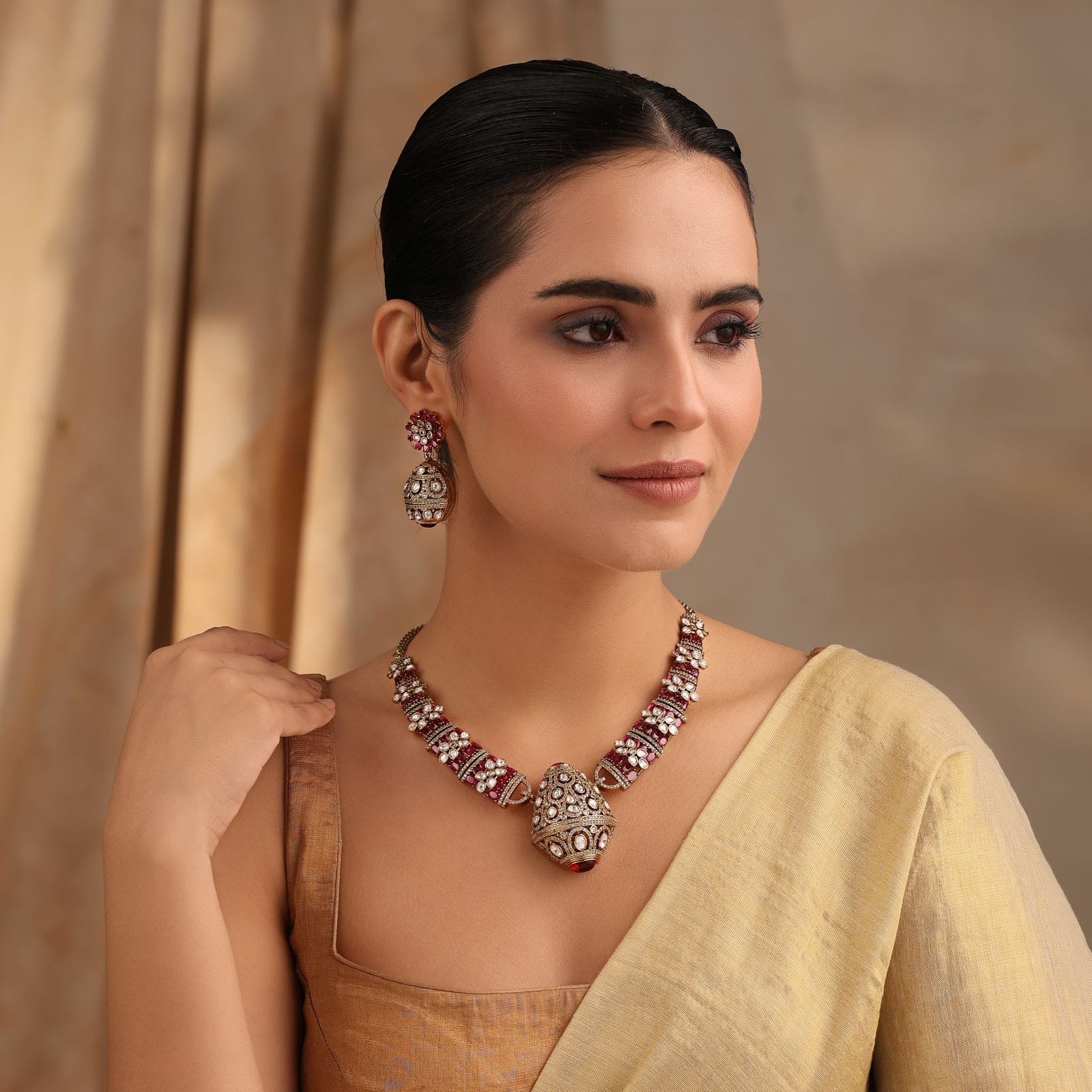 Rajvansh Ruby Polki Necklace with Jhumka Earrings (Antique Gold Finish)