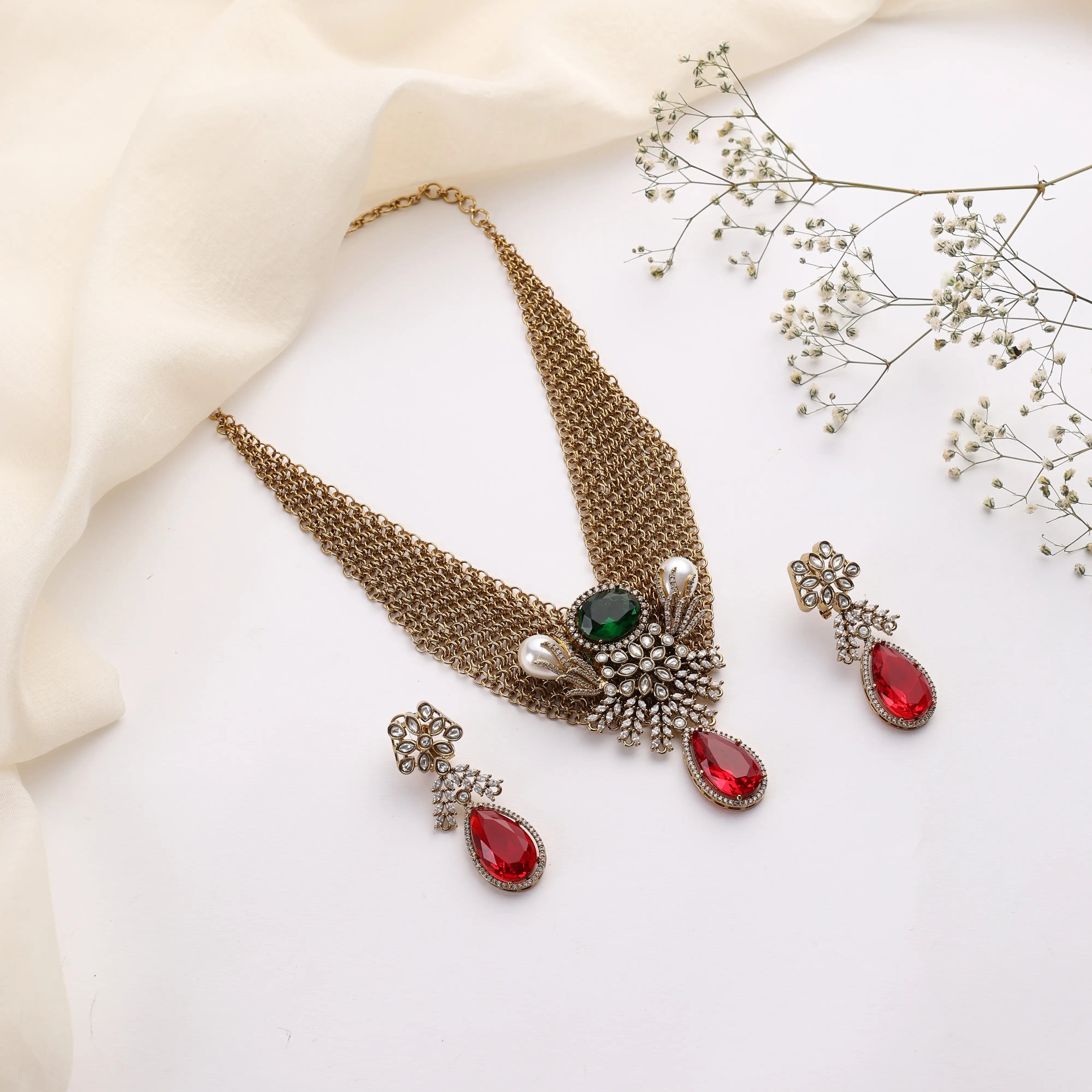 Regalia Kundan Necklace Set with Red & Green Stones