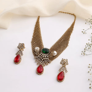 Regalia Kundan Necklace Set with Red & Green Stones